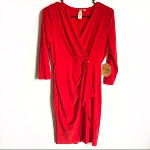 Red Faux Wrap Dress With Sleeves S